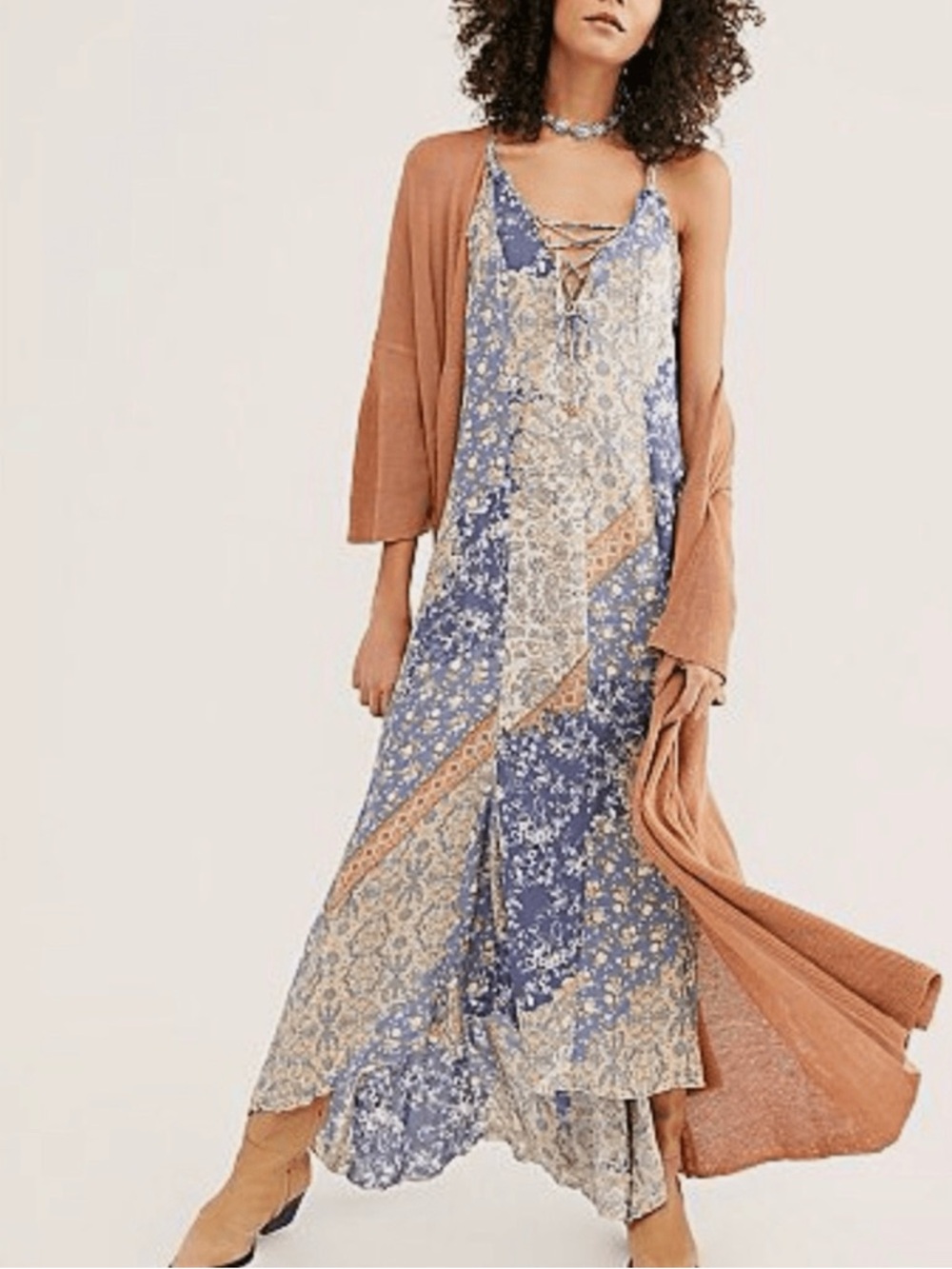 Free People Blue and Tan Patchwork Lace-Up Maxi Dress